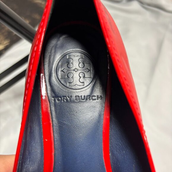 TORY BURCH Red Flats Patent Leather Ballet With Logo Cerise Shoes Size 6.5M - Picture 6 of 9